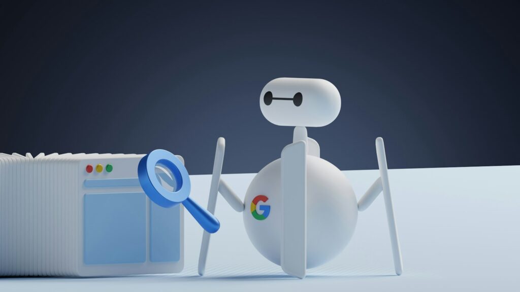 Weißer Roboter mit Lupe als Symbol für KI-Crawler in der Generative Engine Optimization