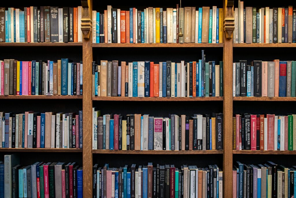 Bücherregale mit geordneten Reihen als Sinnbild für eine klare Seitenarchitektur und interne Verlinkung
