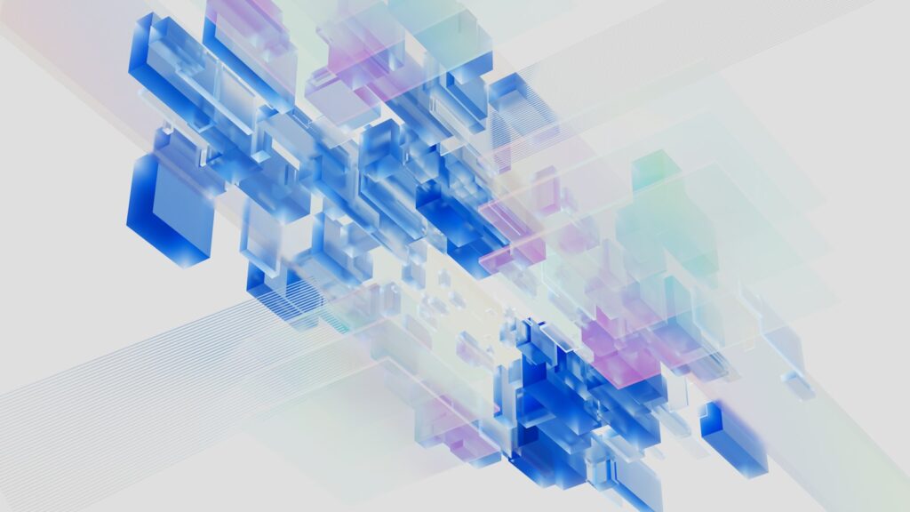 Abstrakte Illustration künstlicher Intelligenz mit blauen und rosa Würfeln als Symbol für Marketing Trends 2027