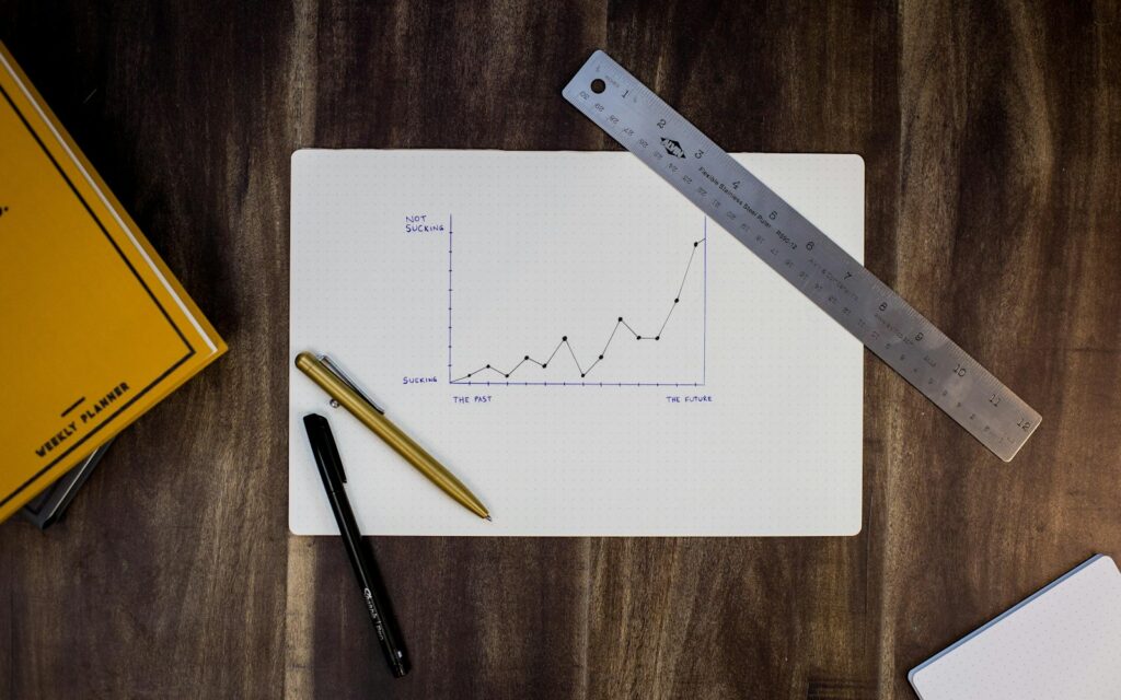 Handgezeichnetes Liniendiagramm mit Lineal und Stiften